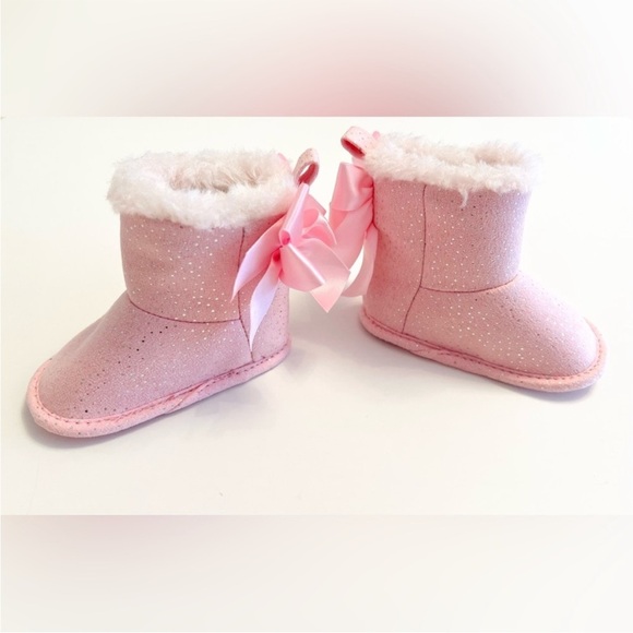 NWOT First Steps Pink Glitter Boots w/Faux Fur & Bow accents Baby Girl 3-6 MTHS - Picture 8 of 8